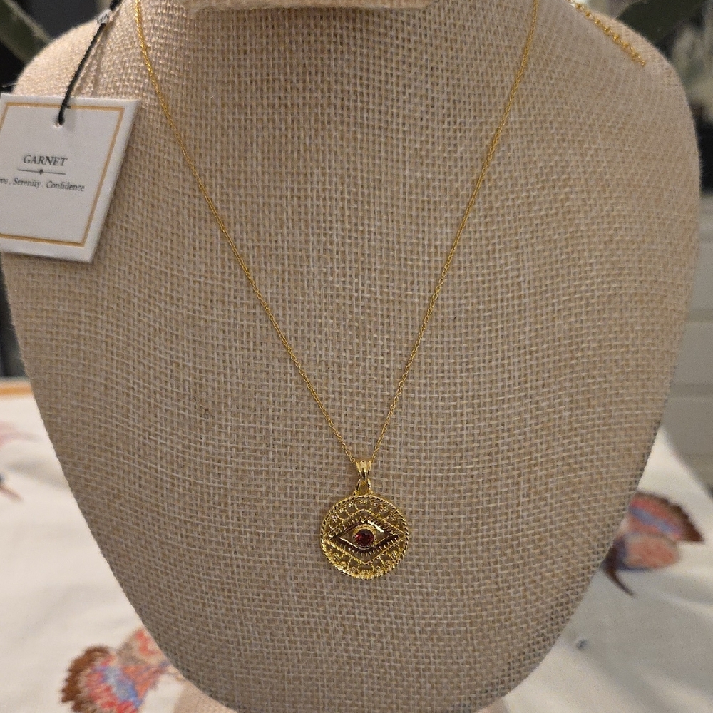 Gold Eye Pendant Necklace with Garnet Stone